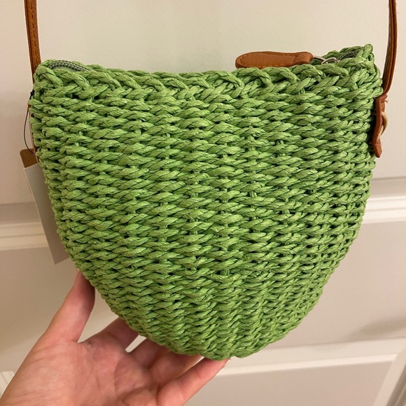 Handbags - NWT - Straw crossbody bag, green with brown leather strap.